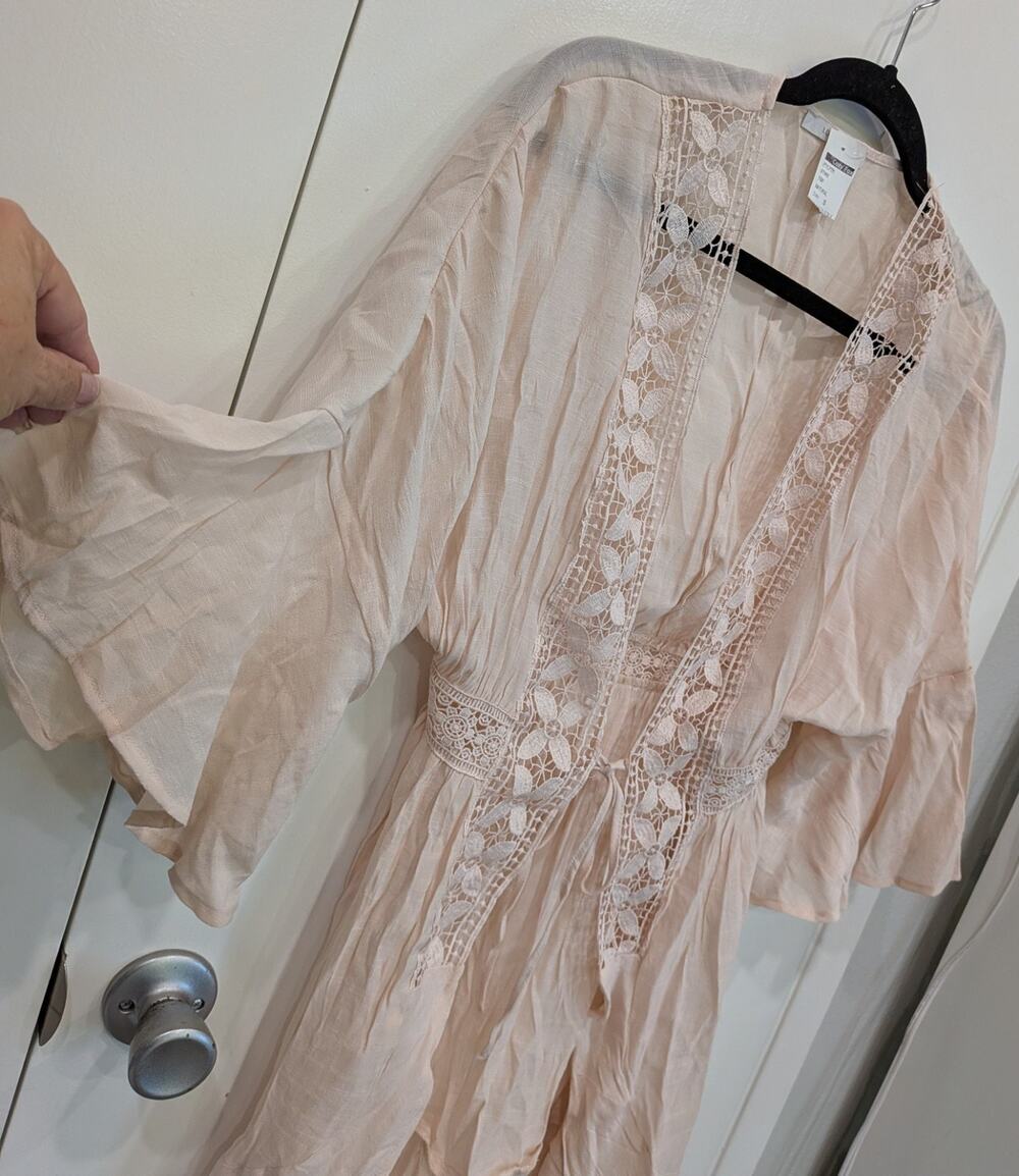 Kimono Dress S Pink Peach Crochet Lace Bell Sleeve Cover Up Romantic Coquette